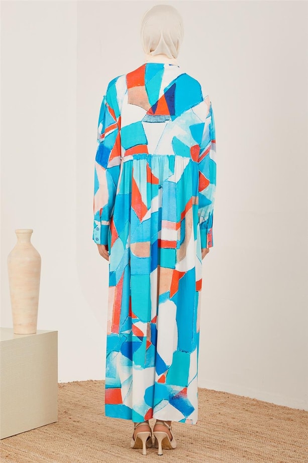 Armine Naturel Geometrik Desenli Elbise 23Y9648 Mavi