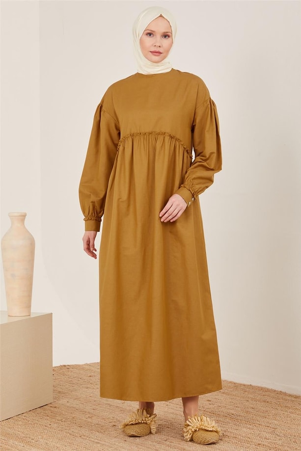 Armine Beli Ve Kolu Fırfırlı Pamuk Elbise 23Y9651 Çikolata