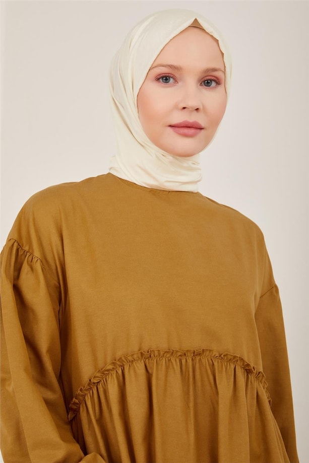 Armine Beli Ve Kolu Fırfırlı Pamuk Elbise 23Y9651 Çikolata