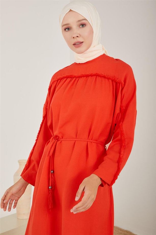 Armine Püsküllü Ve Astarlı Keten Elbise 23Y9652 Kırmızı