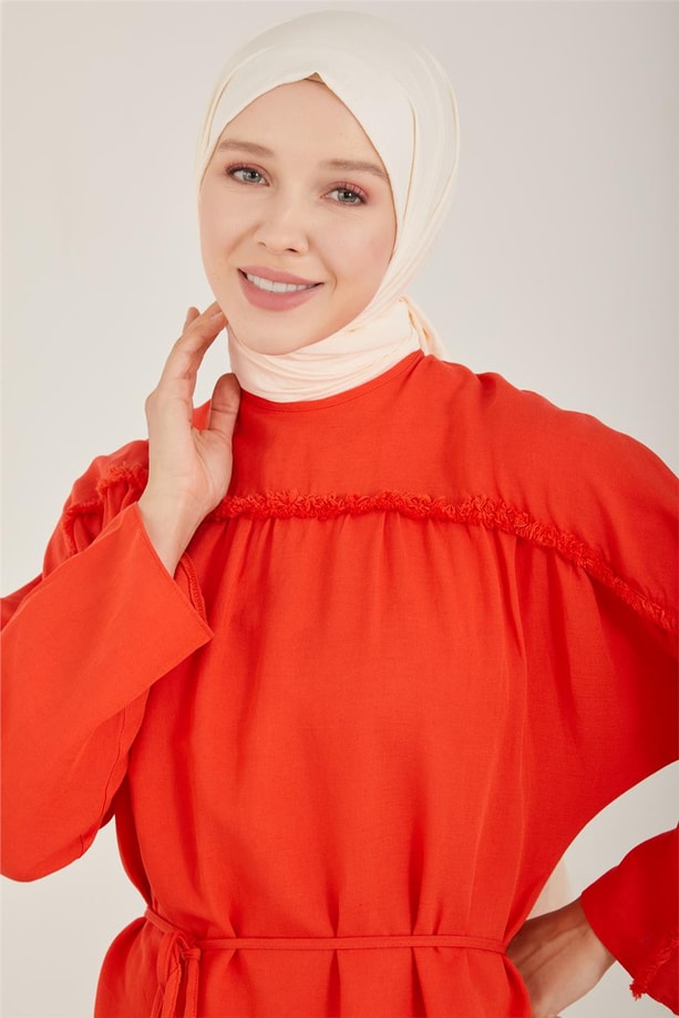 Armine Püsküllü Ve Astarlı Keten Elbise 23Y9652 Kırmızı