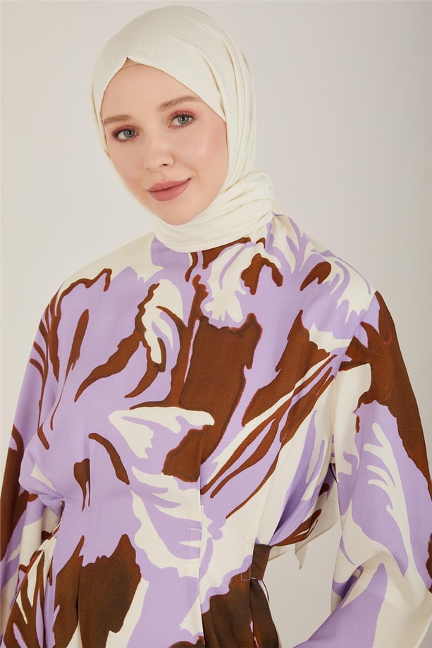 Armine Kemeri Arkada Bağlanan Desenli Viskon Elbise 23Y9654 Lavanta