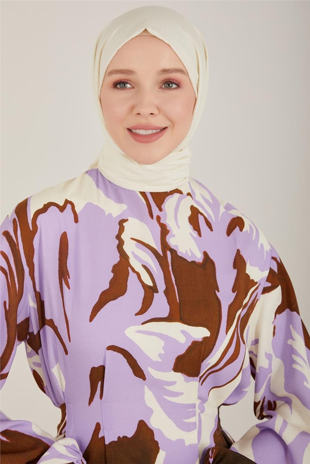 Armine Kemeri Arkada Bağlanan Desenli Viskon Elbise 23Y9654 Lavanta