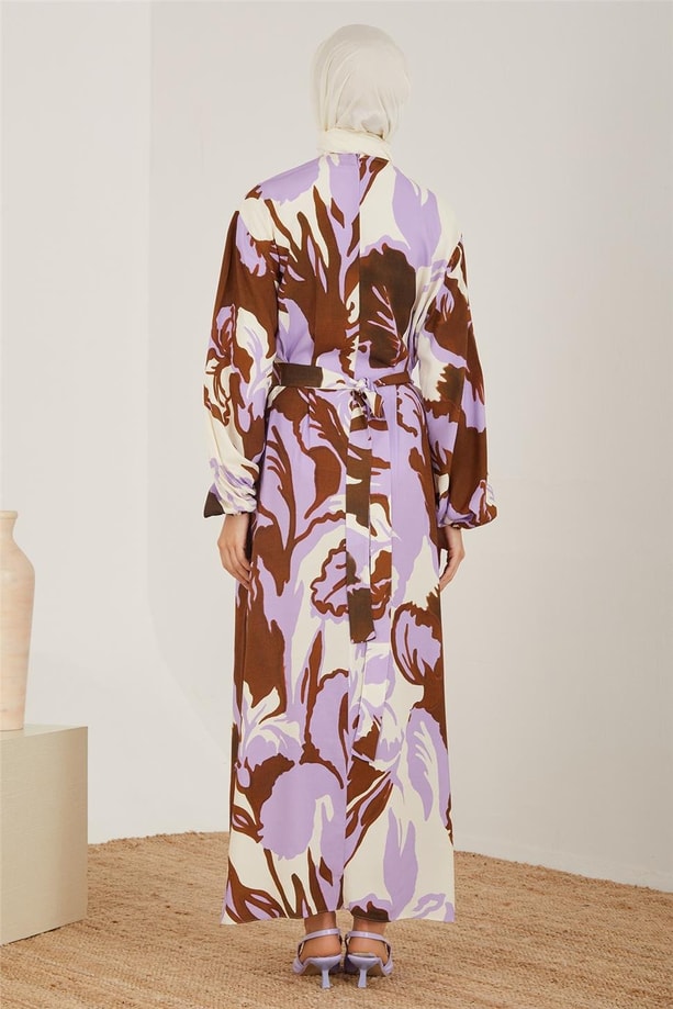 Armine Kemeri Arkada Bağlanan Desenli Viskon Elbise 23Y9654 Lavanta