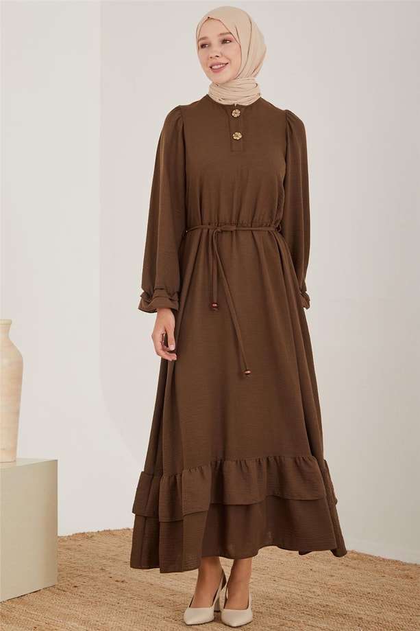Armine İşlemeli Ve Fırfırlı Pamuk Elbise 23Y9658 Kahverengi