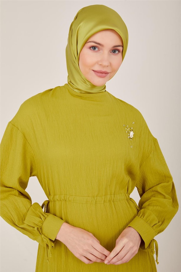 Armine İşlemeli Ve Gofretli Beli Ayarlanabilir Elbise 23Y9659 Fıstık