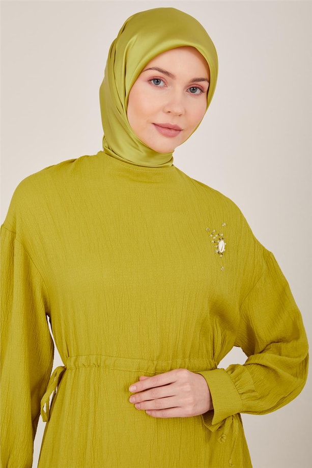 Armine İşlemeli Ve Gofretli Beli Ayarlanabilir Elbise 23Y9659 Fıstık