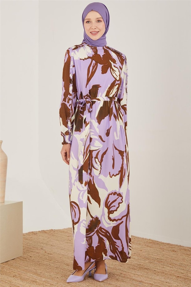 Armine Fırfırlı Desenli Viskon Elbise 23Y9669 Lavanta