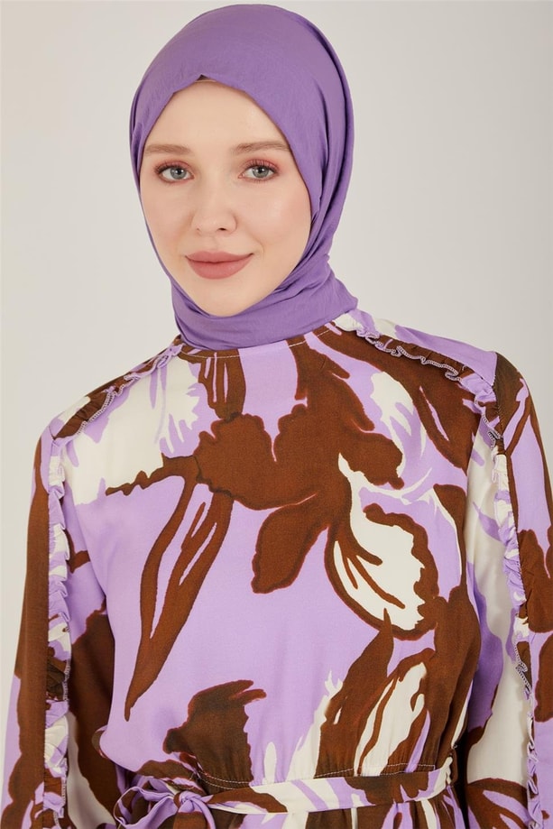 Armine Fırfırlı Desenli Viskon Elbise 23Y9669 Lavanta