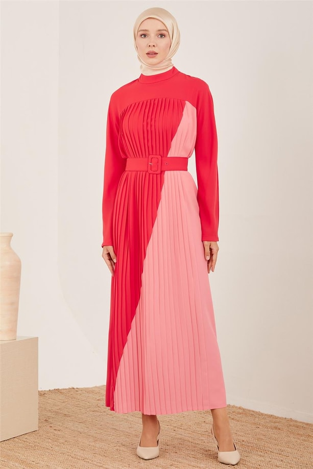 Armine İki Renkli Pliseli Elbise 23Y9675 Kiraz