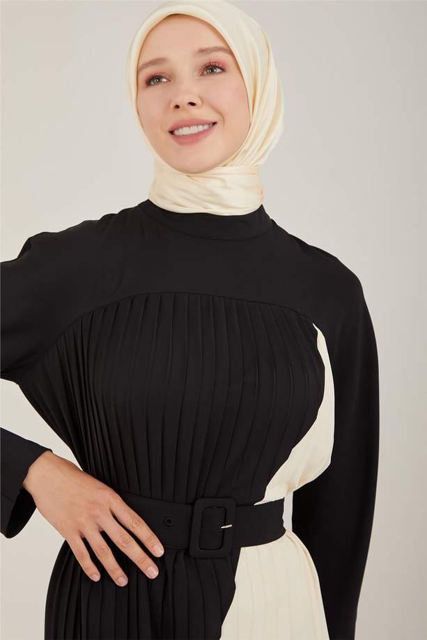 Armine İki Renkli Pliseli Elbise 23Y9675 Siyah