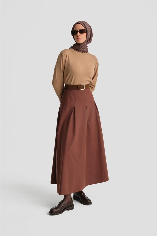 Armine Pileli Pamuk Etek 24K1705 Kızıl Kahve