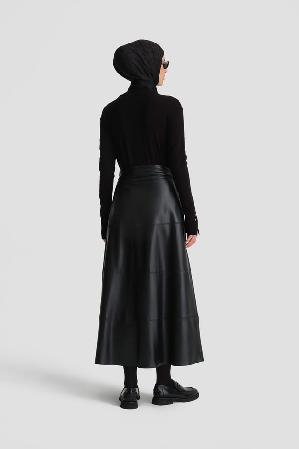 Armine Bağlamalı Deri Etek 24K1706 Siyah