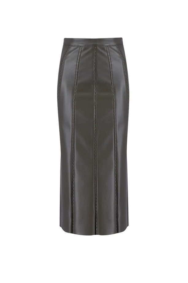 Armine Trok Biyeli Deri Etek 24K1720 Haki