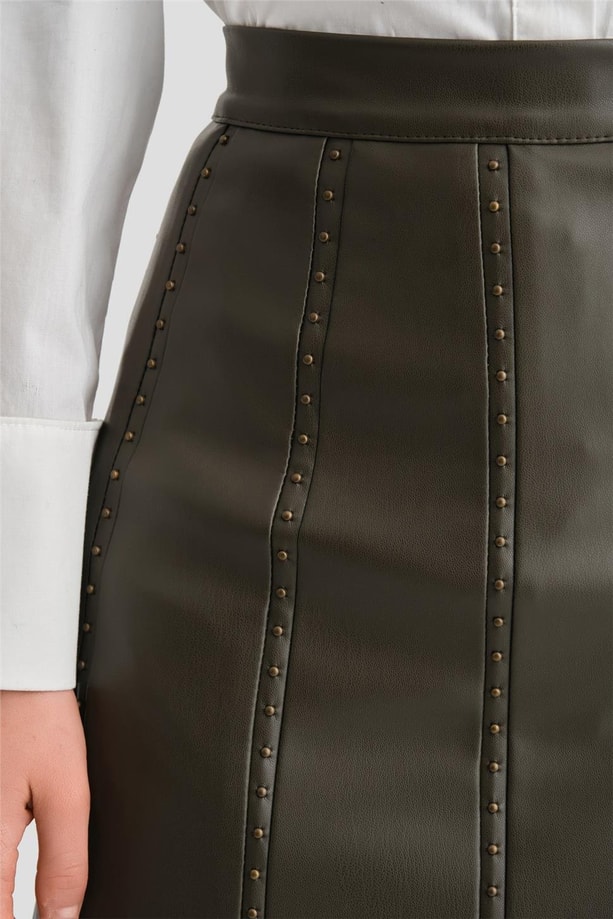 Armine Trok Biyeli Deri Etek 24K1720 Haki