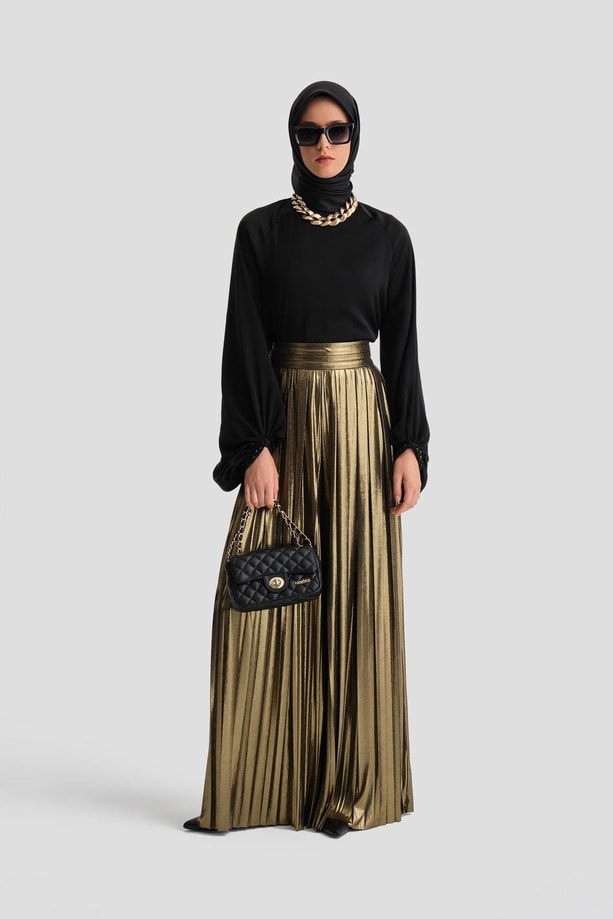 Armine Parıltılı Kumaştan Piliseli Pantolon 24Y2701 Gold
