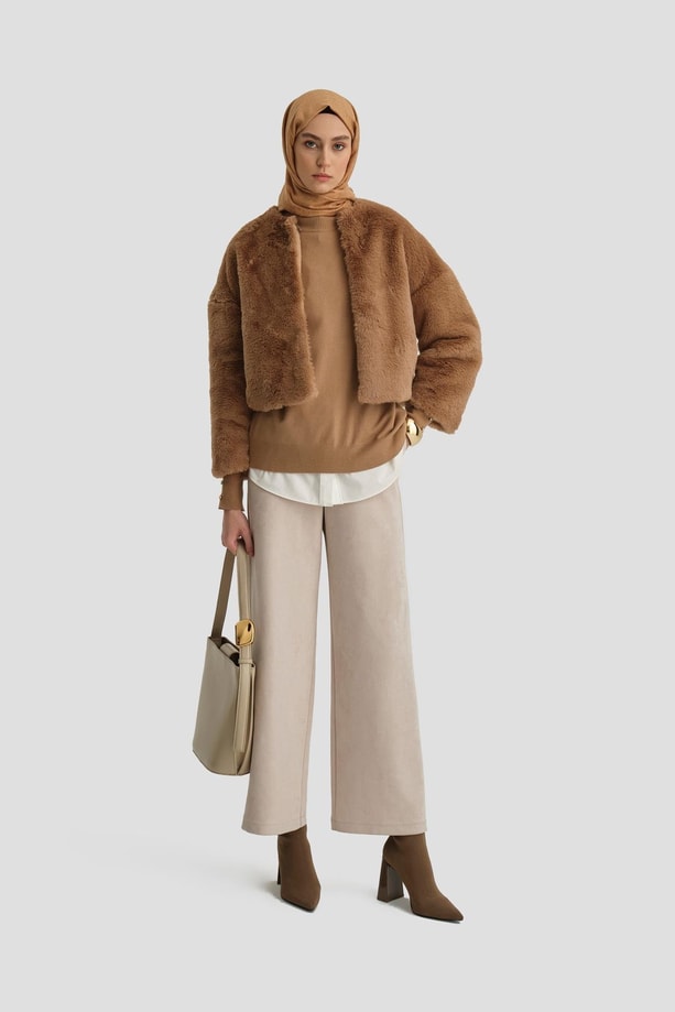 Armine Düz Paça Süet Pantolon 24K2704 Bej