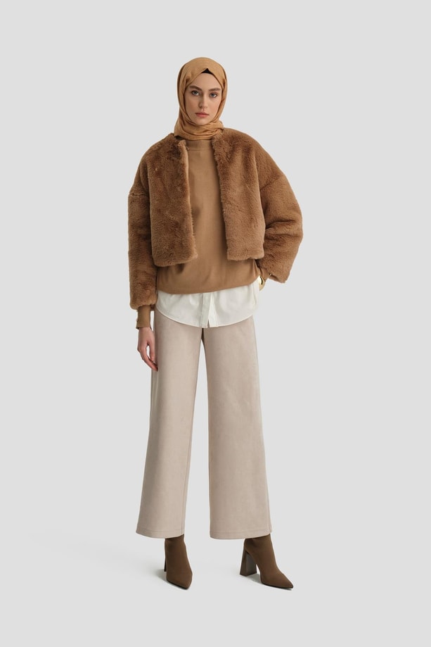 Armine Düz Paça Süet Pantolon 24K2704 Bej