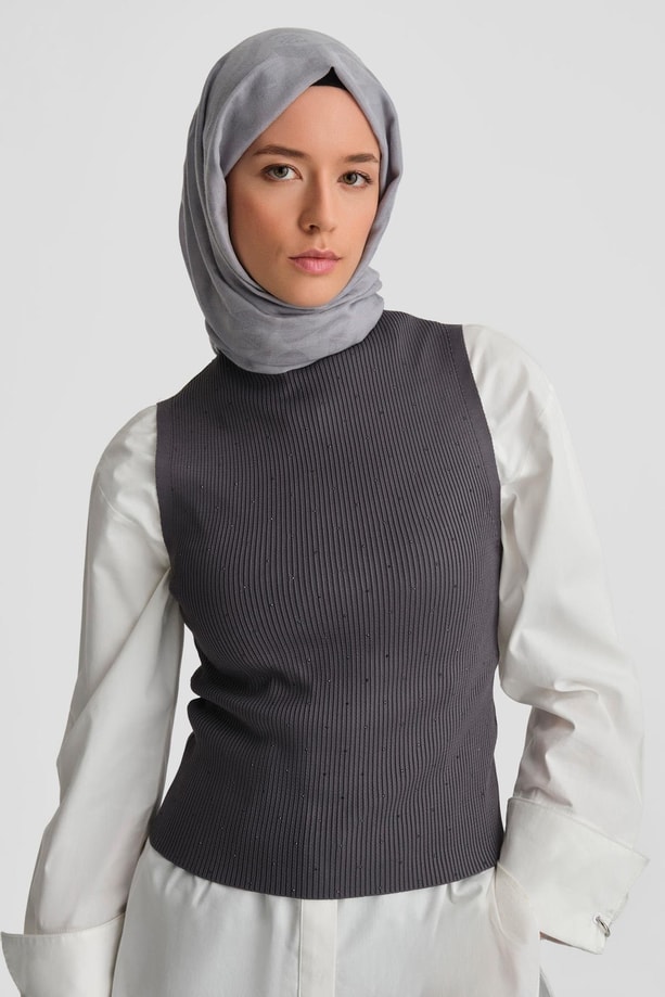 Armine Taşlı Triko 24KD2807 Füme