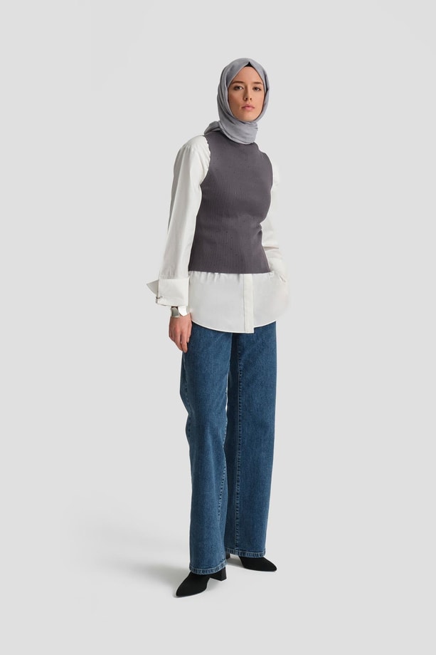 Armine Taşlı Triko 24KD2807 Füme