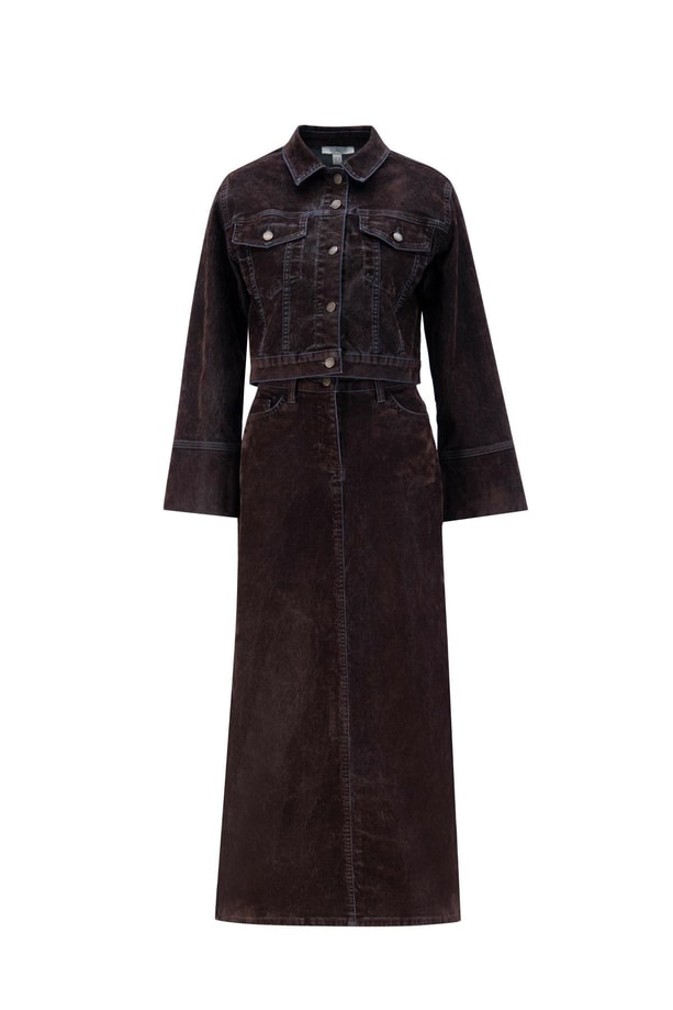 Armine Flok Baskılı Denim Takım 24KD3401 Kahverengi