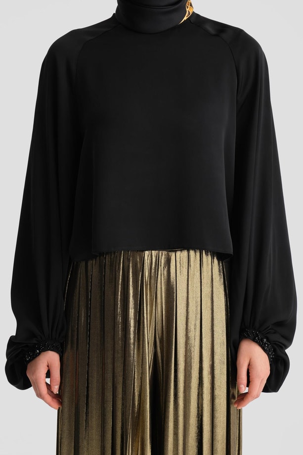 Armine Manşeti İşlemeli Şık Bluz 24K3607 Siyah