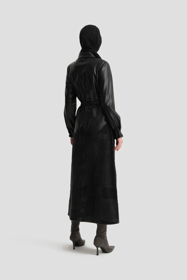 Armine Örgü Şeritli Deri Gömlek 24K3610 Siyah