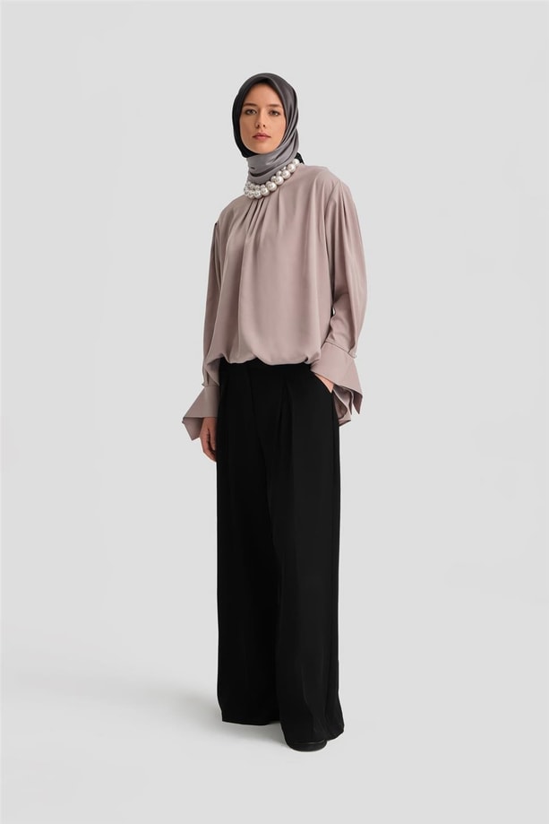 Armine Manşeti Kuşaklı Bluz 24K3612 Vizon