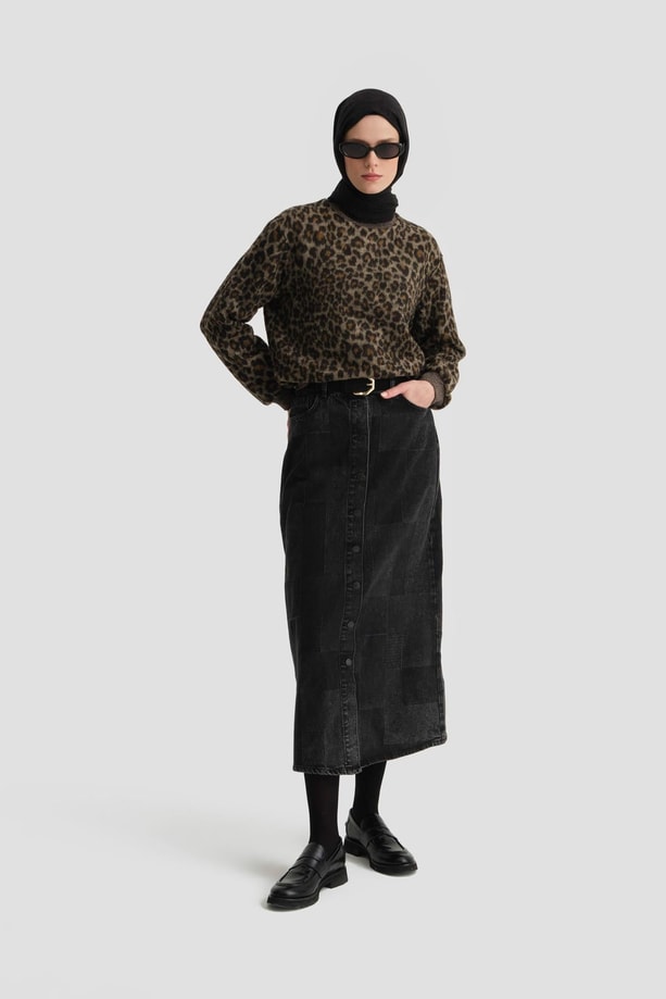 Armine Leopar Desen Örmek Kazak 24K3636 Kahverengi