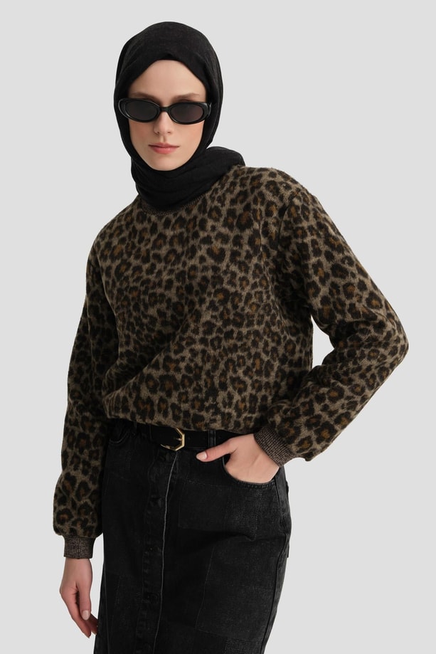 Armine Leopar Desen Örmek Kazak 24K3636 Kahverengi