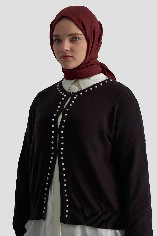 Armine İncili Triko Hırka 25KD4202 Siyah