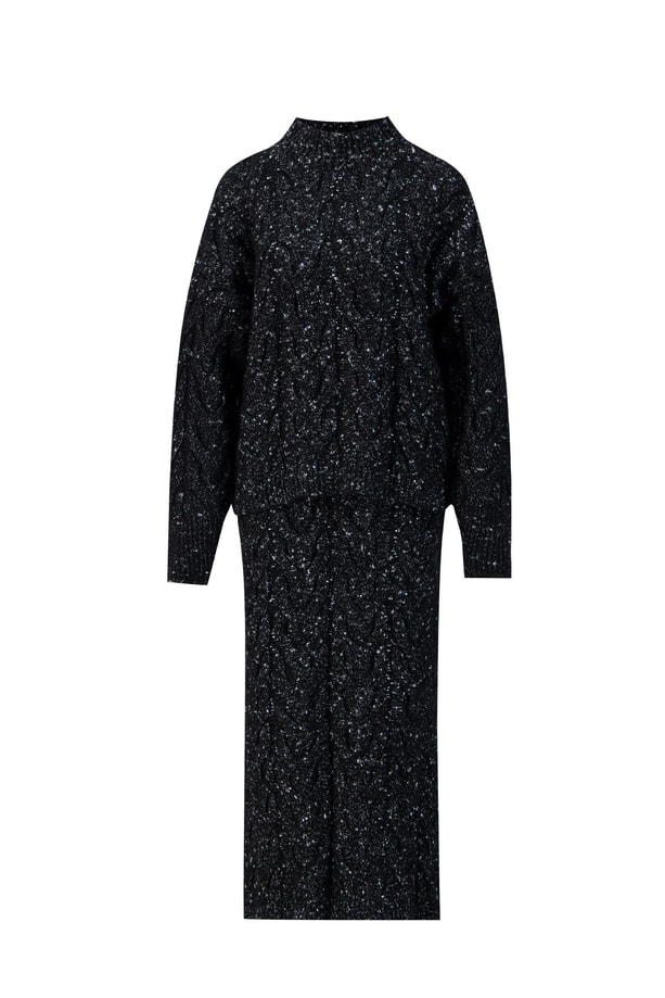 Armine Saç Örgülü Simli Triko Takım 24KD4207 Siyah