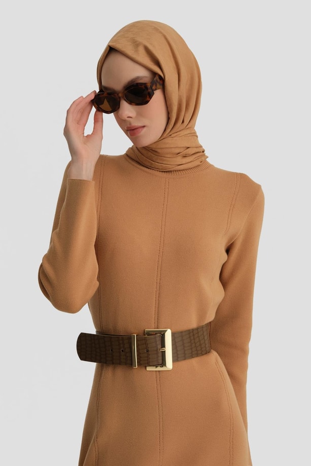 Armine Uzun Kol Triko Elbise 24KD4217 Bisküvi