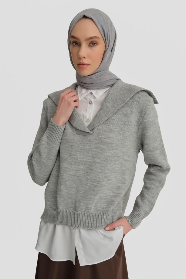 Armine Poplin Mixli Kazak 24KD4218 Gri-Beyaz