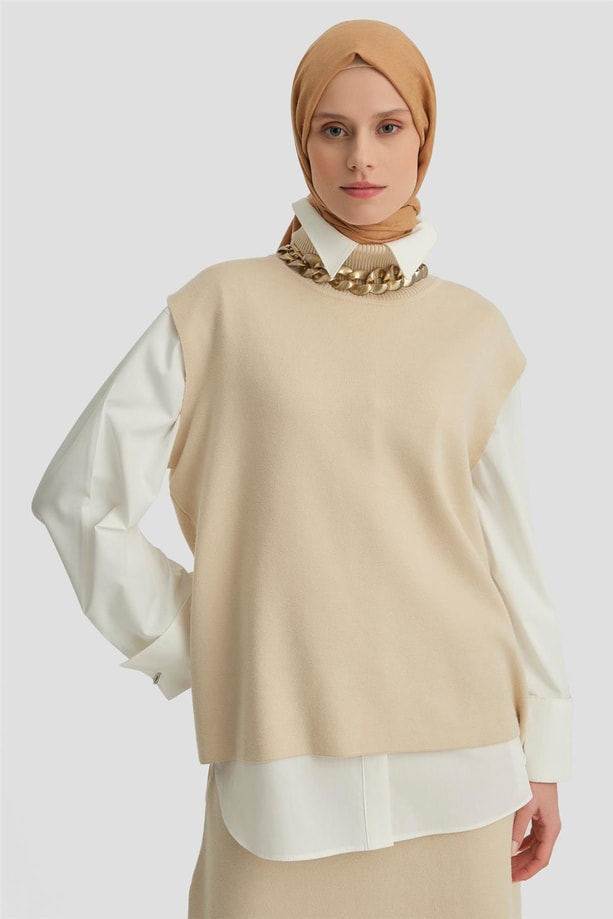 Armine Sıfır Kol Kazak Etekli Takım 24KD4220 Bej