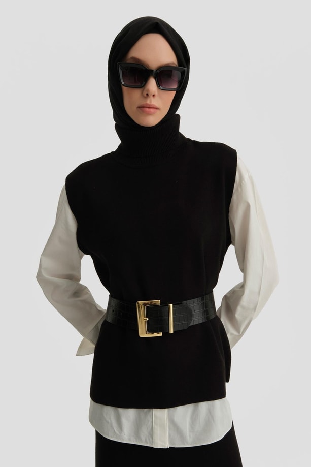 Armine Sıfır Kol Kazak Etekli Takım 24KD4220 Siyah