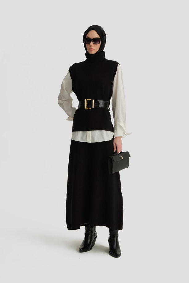 Armine Sıfır Kol Kazak Etekli Takım 24KD4220 Siyah