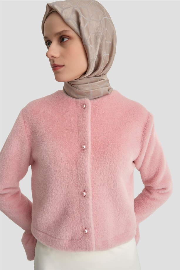 Armine Balon Manşetli Tüylü Hırka 24K5603 Pembe