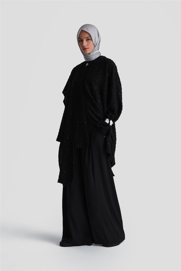 Armine Pullu Kumaşlı Asimetrik Hırka 24K5607 Siyah