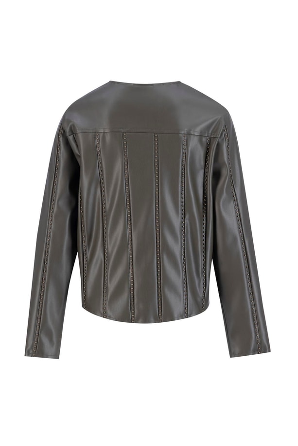 Armine Trok Biyeli Deri Ceket 24K5716 Haki