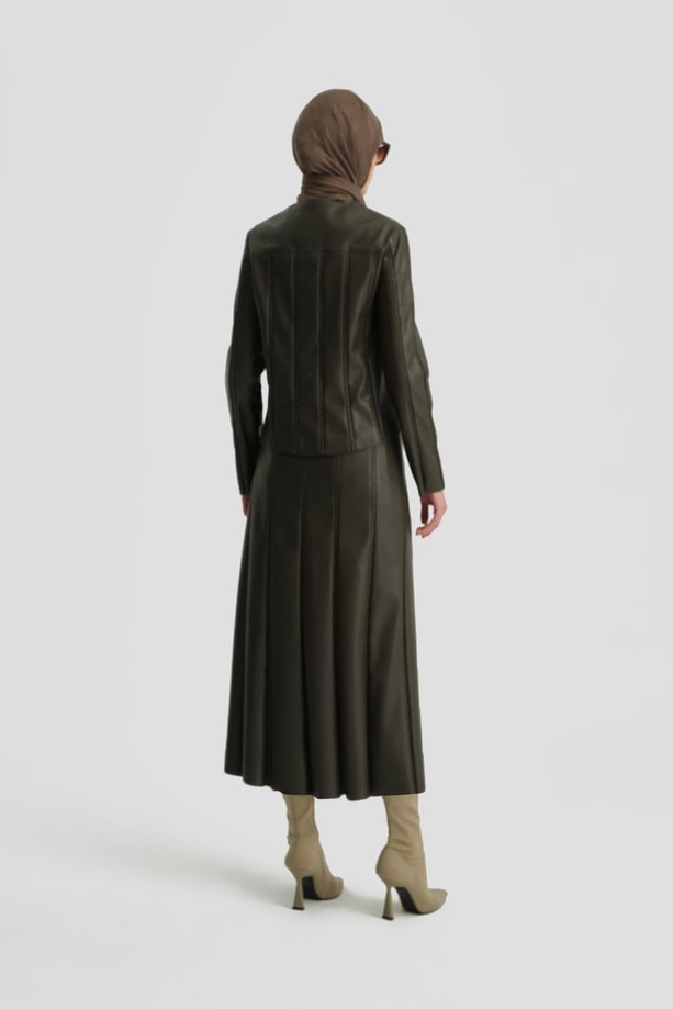 Armine Trok Biyeli Deri Ceket 24K5716 Haki