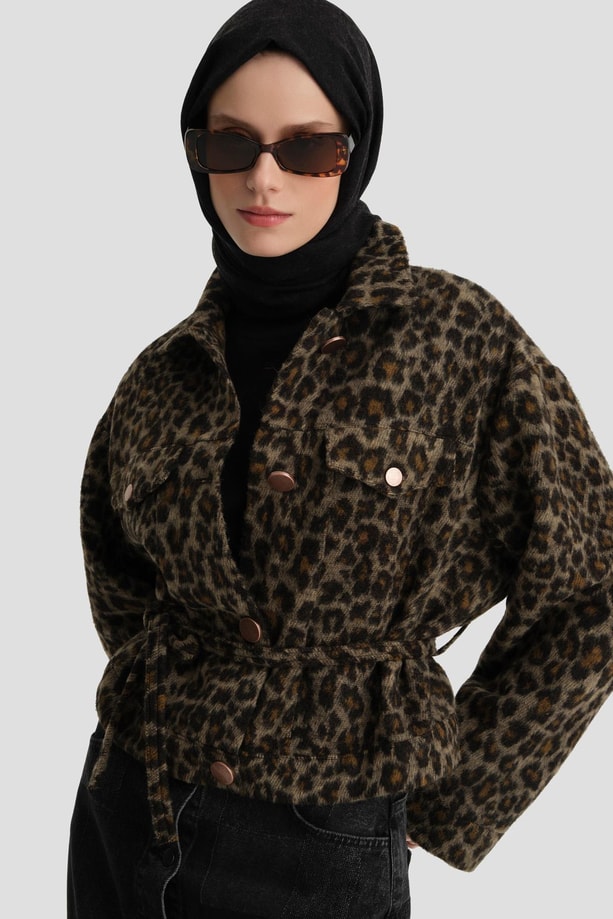 Armine Leopar Desen Örme Ceket 24K5729 Kahverengi
