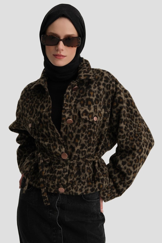 Armine Leopar Desen Örme Ceket 24K5729 Kahverengi
