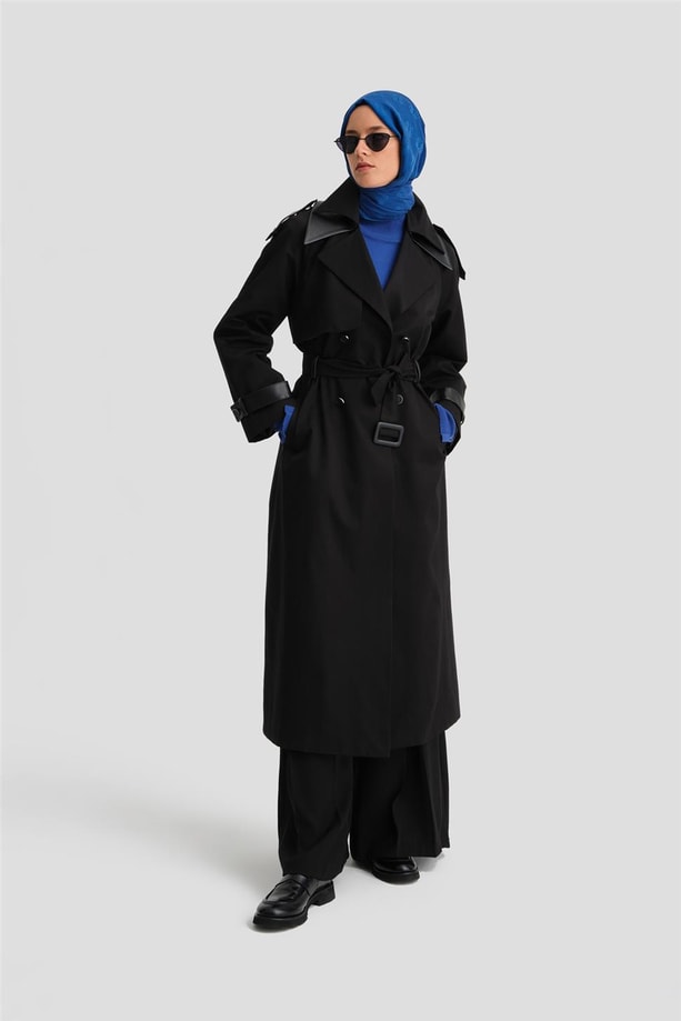 Armine Seyyar Deri Yakalı Pamuk Trençkot 24K7500 Siyah