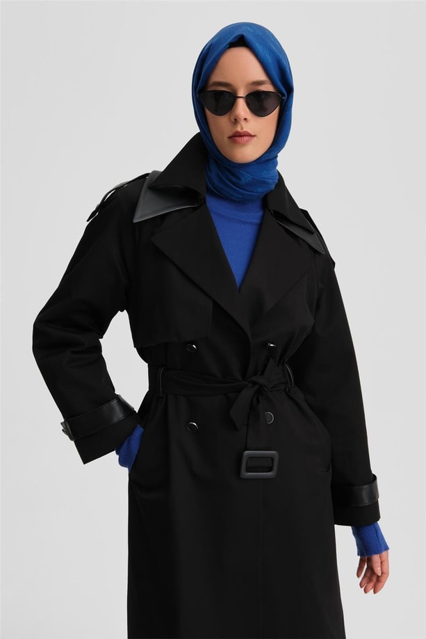 Armine Seyyar Deri Yakalı Pamuk Trençkot 24K7500 Siyah