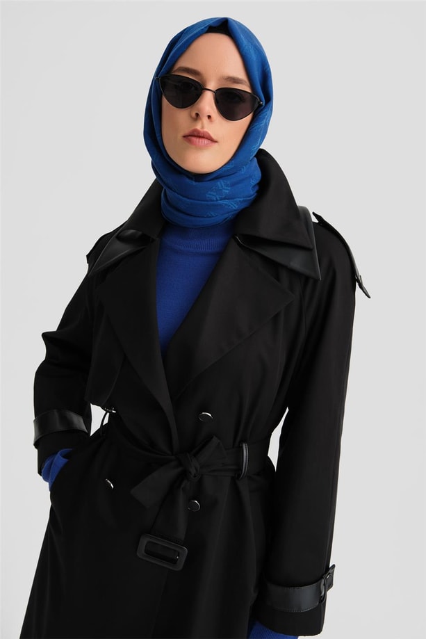 Armine Seyyar Deri Yakalı Pamuk Trençkot 24K7500 Siyah