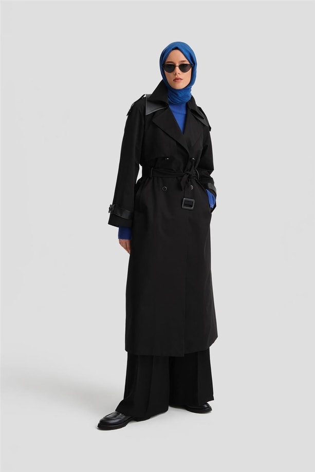 Armine Seyyar Deri Yakalı Pamuk Trençkot 24K7500 Siyah