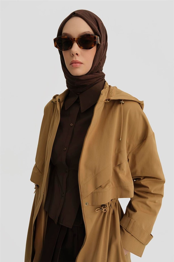 Armine Çift Allerli Seyyar Kapüşonlu Pamuk Kap 24K7511 Camel