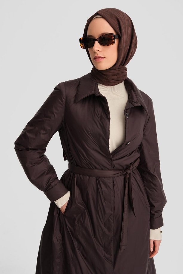 Armine Seyyar Kemerli Kapitone Kaban 24K7602 Kahverengi