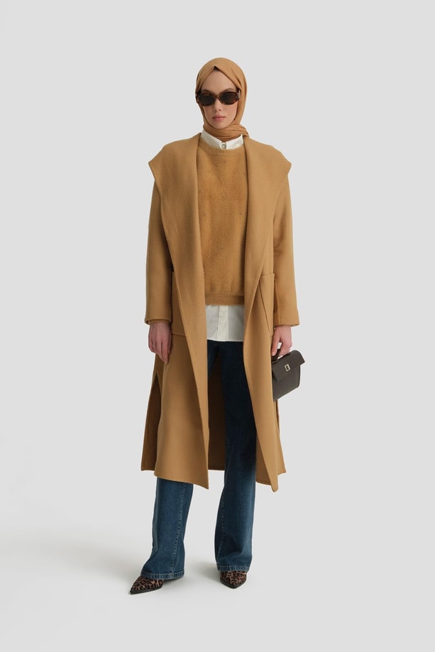 Armine Handmade Kapüşonlu Manto 24K8109 Camel